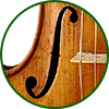 circular image with green border - violin closeup f-hole 