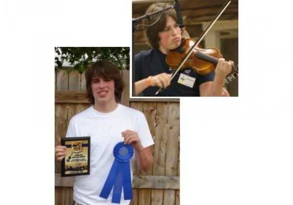 Young man holding awards, another photo of him playing fiddle