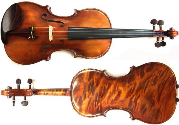 Front and back of Moneff violin with marbled flame