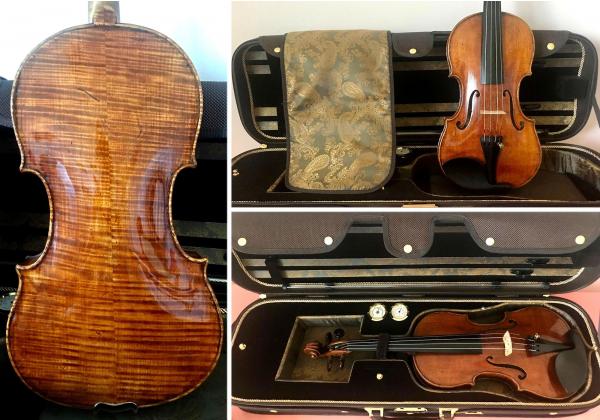 Collage of Topa violin and brown case images