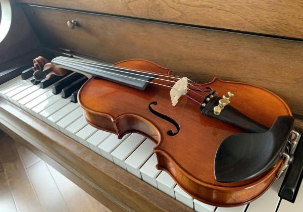 1/8 size violin on a piano keyboard