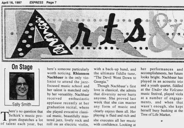 Sparkling newspaper review of Rhiannon's music school graduation recital in 1997