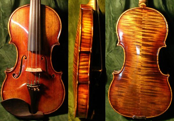 Front, side and back of stunning high-sheen and flamed Kowalski violin