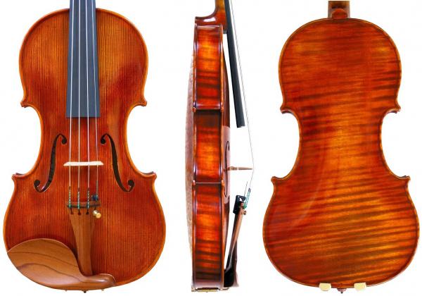 Moneff marbled wood violin from front, side and back