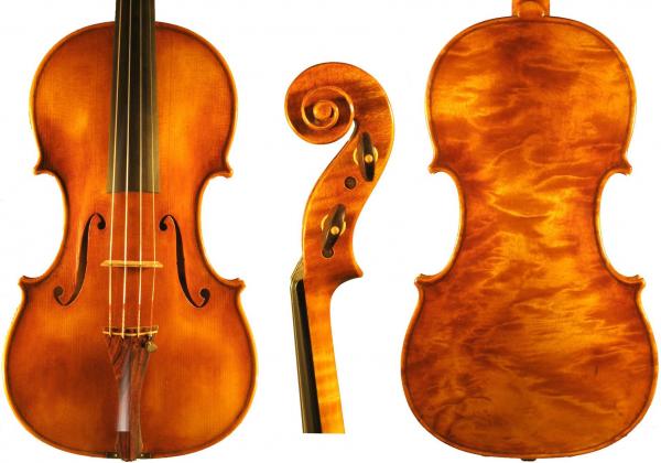 Moneff marbled wood violin front, scroll and back