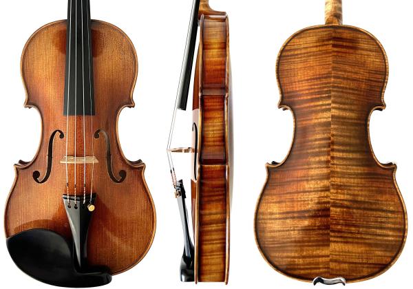 front, side and back of a kowalski violin with beautiful flame