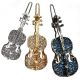 Fronts of three violin-shaped violin hairpins with silver metal with clear rhinestones, gold metal with clear rhinestones, and gunmetal black metal with dark blue rhinestones.