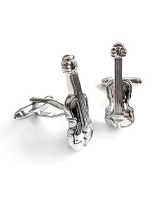 Pair of silver violin cufflinks, front and side