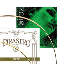 Oliv and Evah Pirazzi violin string closeup of Goldsteel strings and packaging