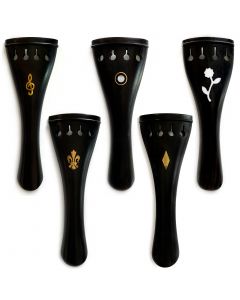 Tulip-shaped ebony black violin tailpiece with inlaid designs: Gold treble clef, gold lily/fleur-de-lis, French eye, gold diamond, white mother of pearl flower with leaves