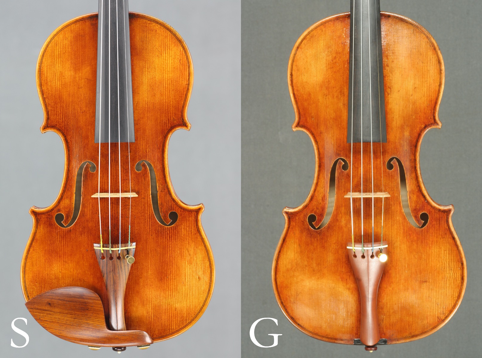Front of Strad and Guarneri violins side by side for comparison 