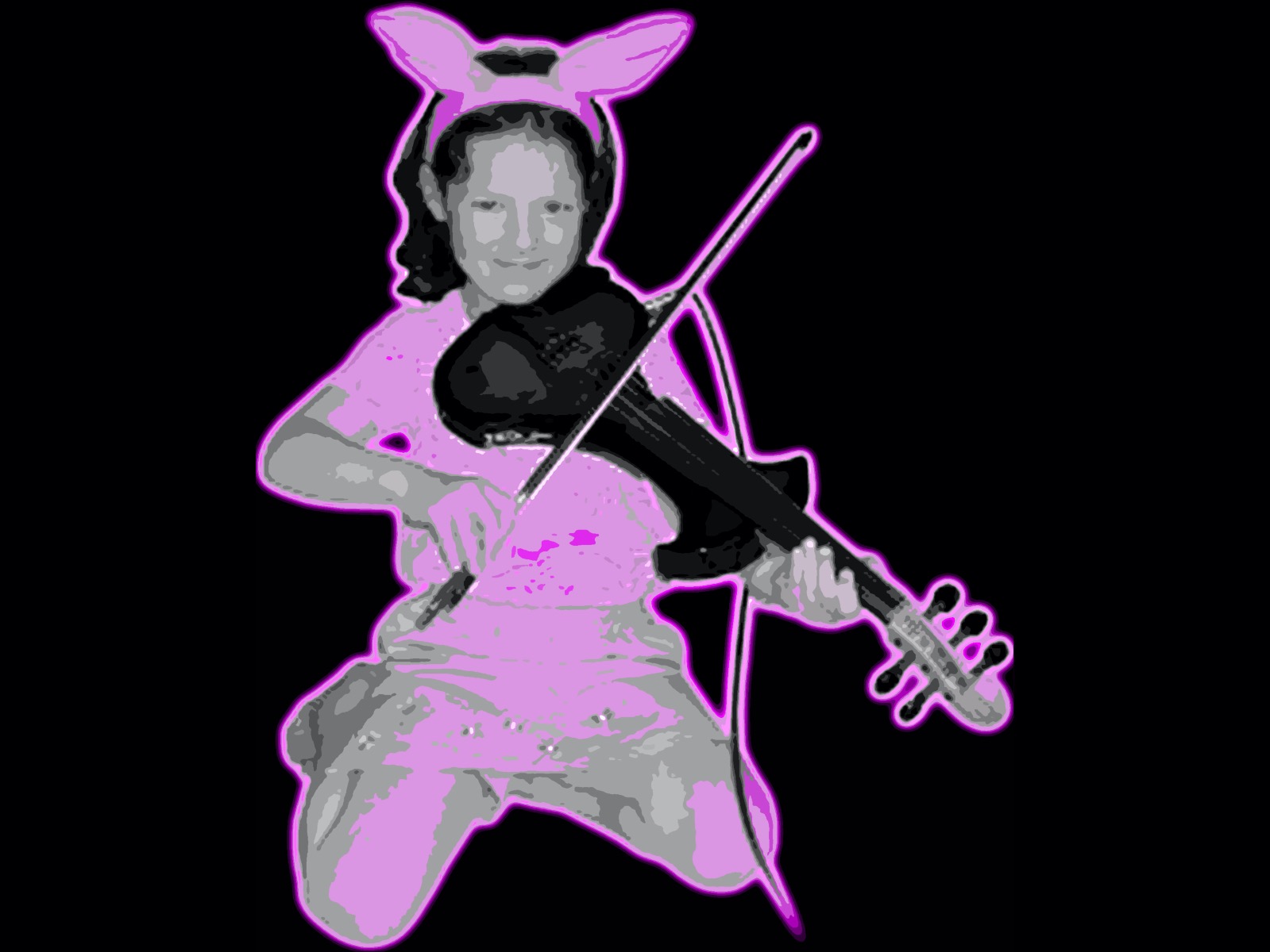 little girl in bunny ears playing electric violin