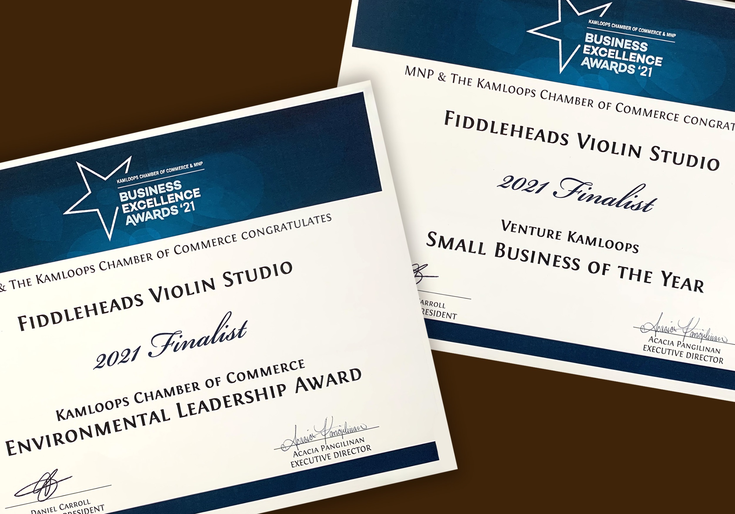 Two Finalists certificates presented to Fiddleheads for Environmental Leadership Award and Small Business of the Year
