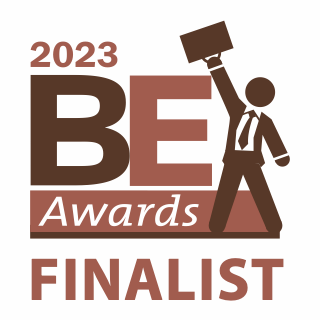 Image: Stick person with briefcase. Text: "2023 BE Awards Finalist"