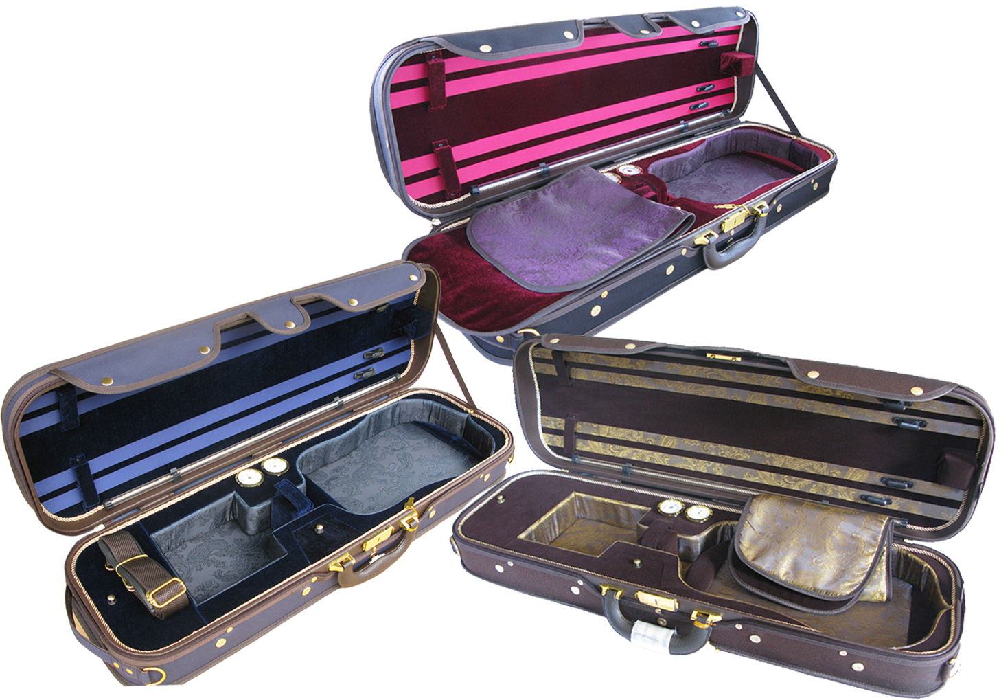 three beautiful silk and velvet lined cases in blue, black and brown