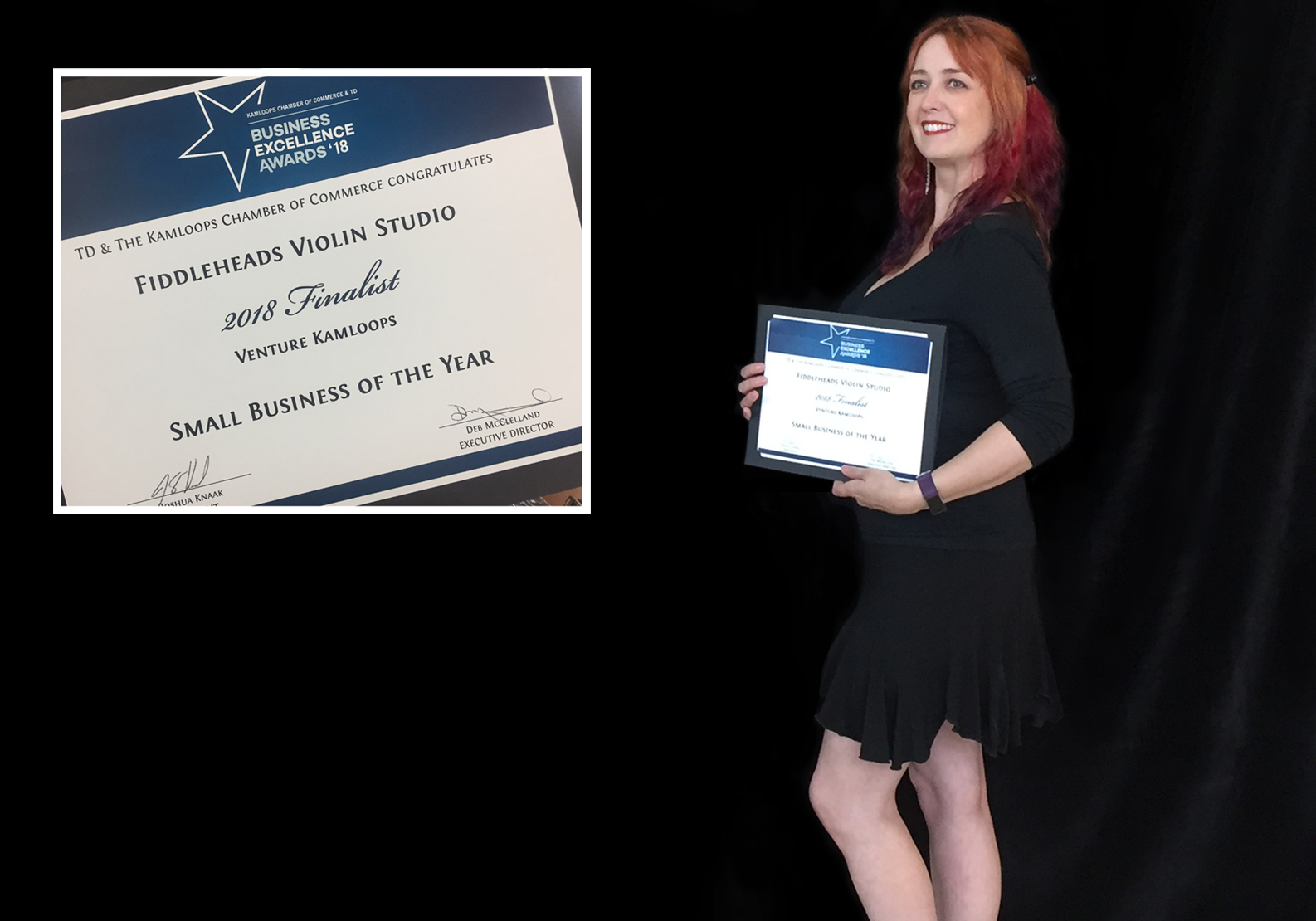 Rhiannon, with rainbow hair and wearing black, holding her finalist certificate
