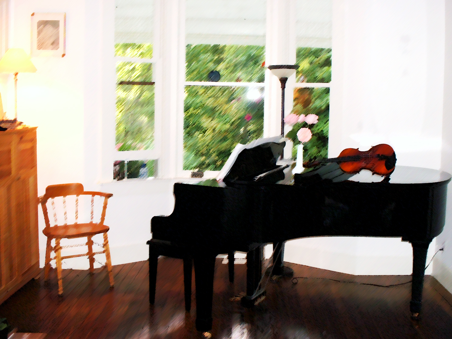 Bay window in a heritage home with a black grand piano and a violin
