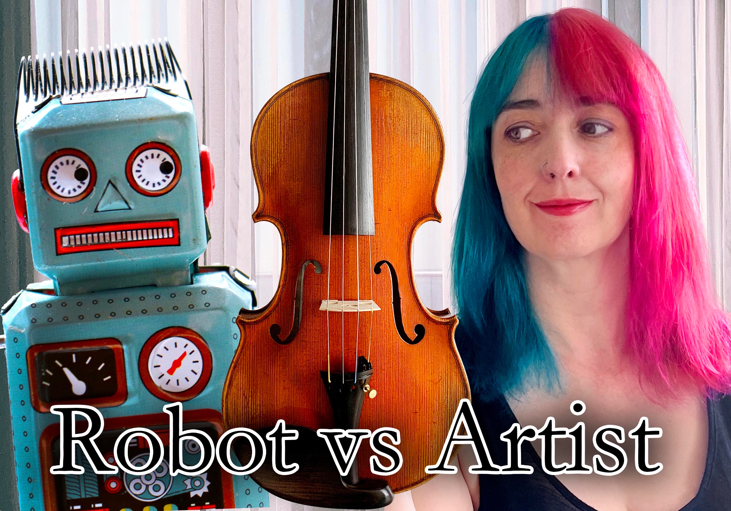 A violin hangs between a clunky robot and Rhiannon with blue and pink hair; caption reads 