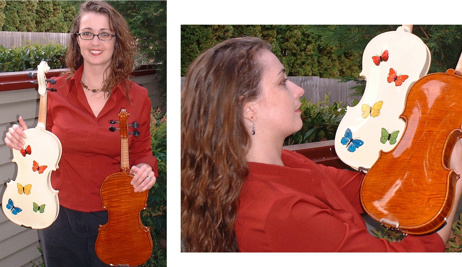 Violin in burgundy shirt and glasses holding two violins