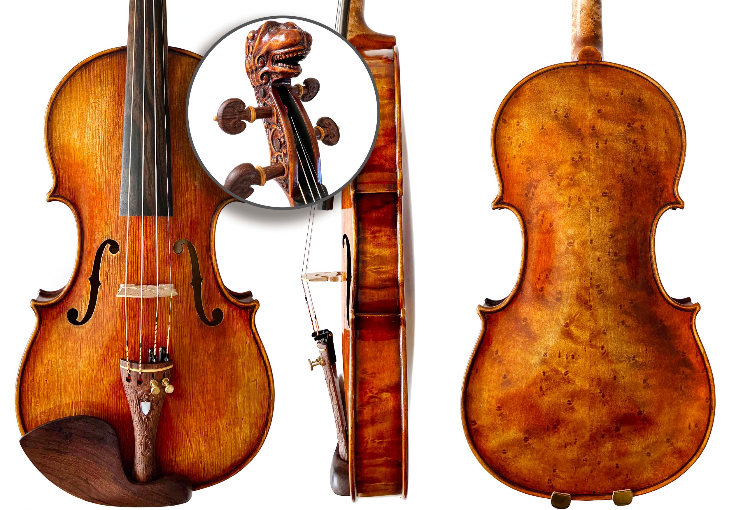 Kowalski dragon head violin front, side and back