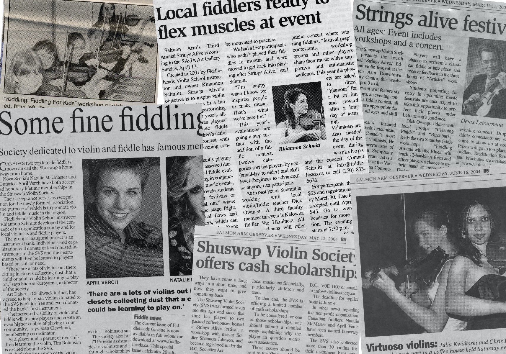 Photo: Just a sample of a few newspaper clippings from Salmon Arm, Kamloops and beyond illustrating the many programs and events offered by the Shuswap Violin Society.