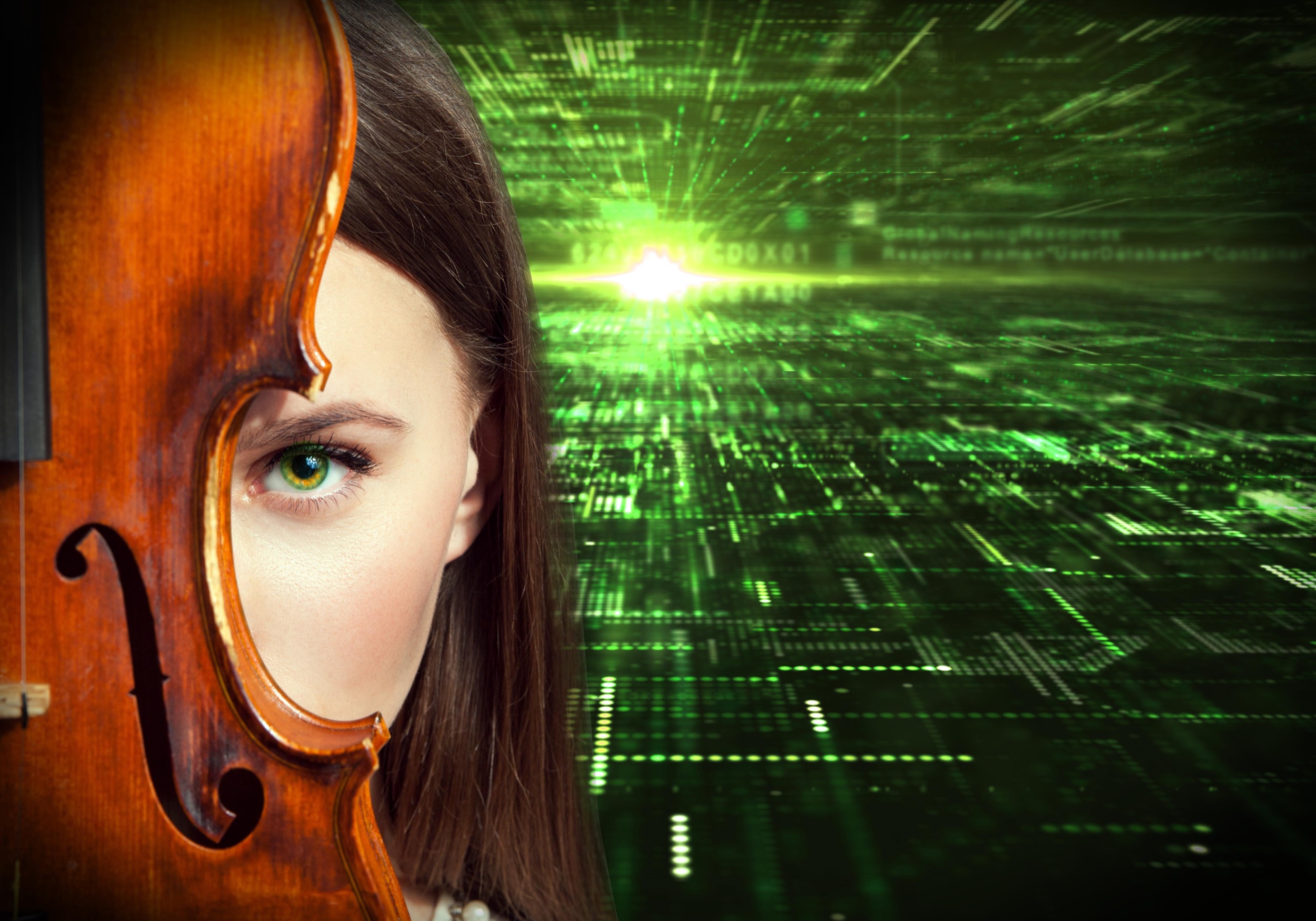 Young woman obsuring half of her face with a violin with green computer components creating a horizon in the background