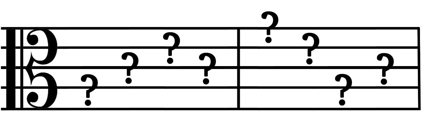 Alto clef and staff with question marks instead of notes