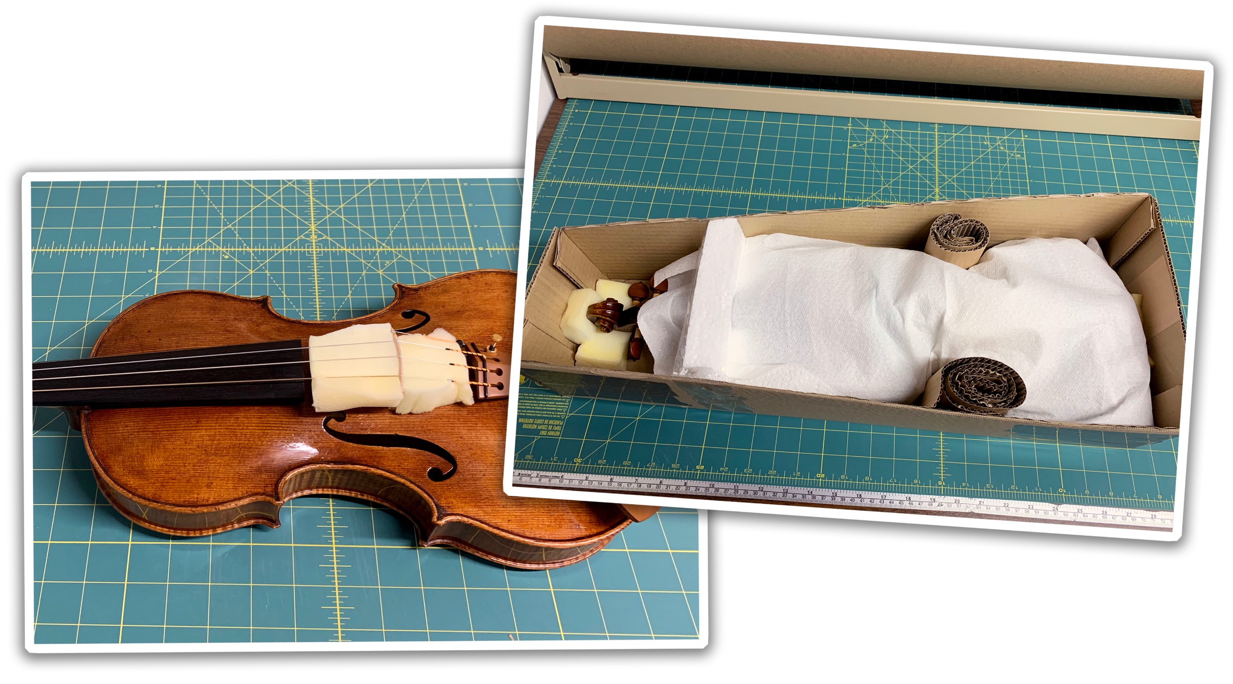 Violin wrapped in paper towel and layers of padding in a box