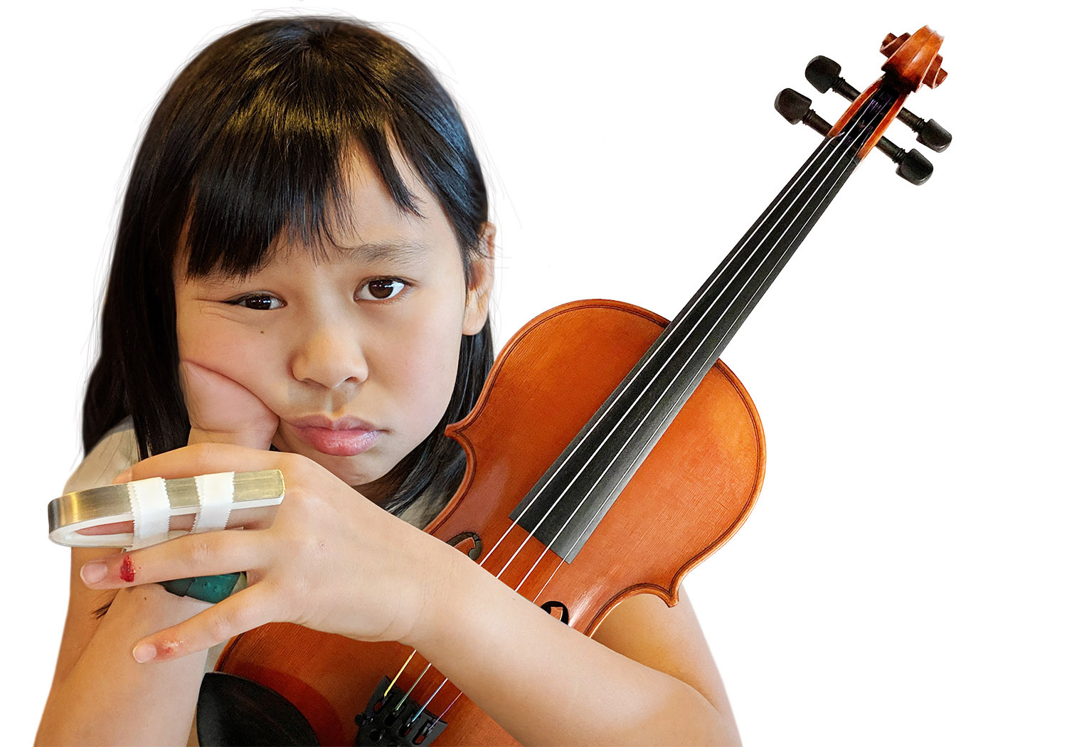 Frowning little injured girl with finger splint is holding her violin sadly