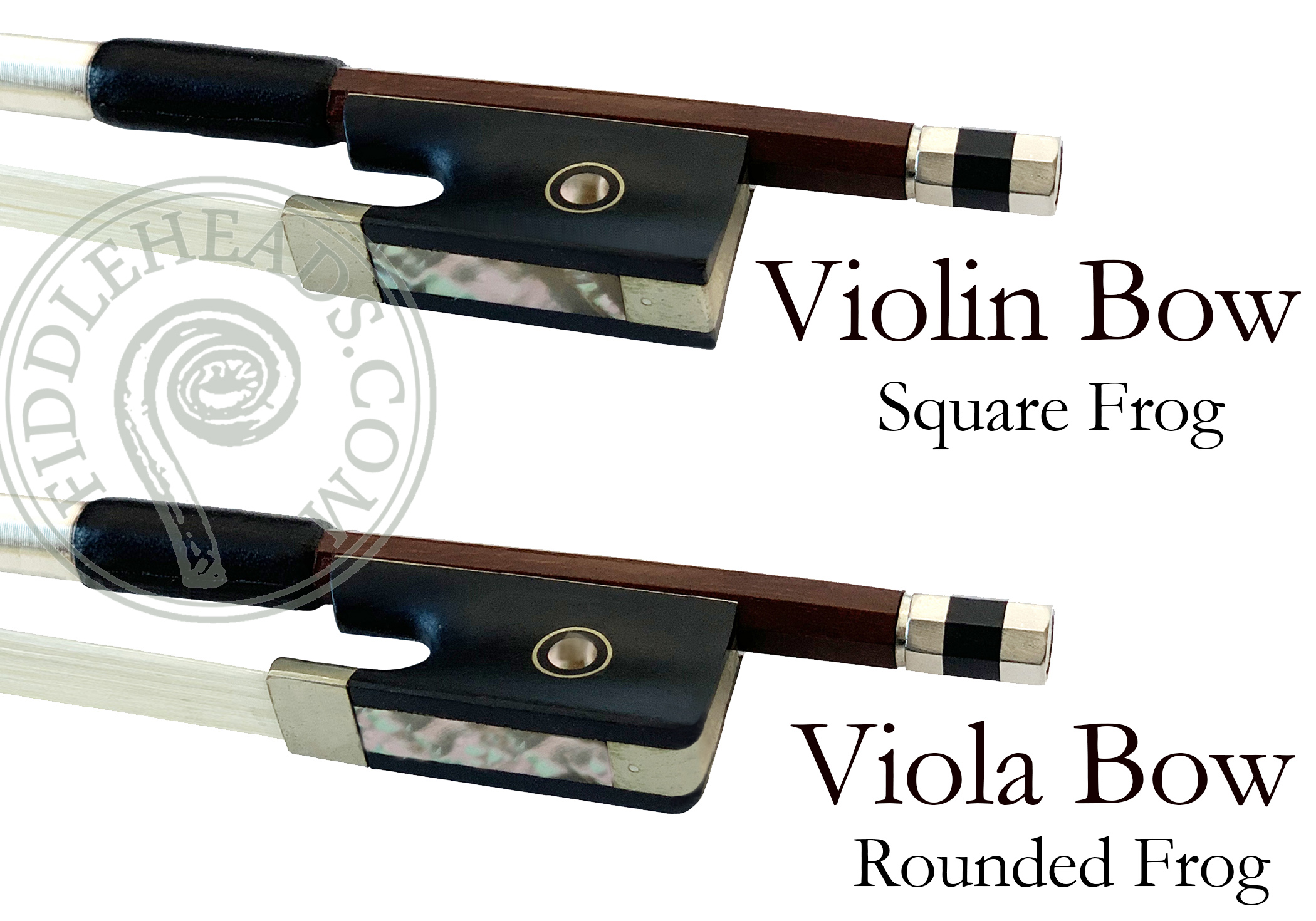 violin bow with square frog and viola bow with rounded frog