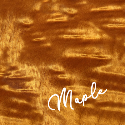 Label reads Maple: marble fire-like flamed quilted maple