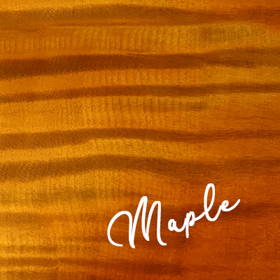 Label reads Maple: flamed maple with defined stripes
