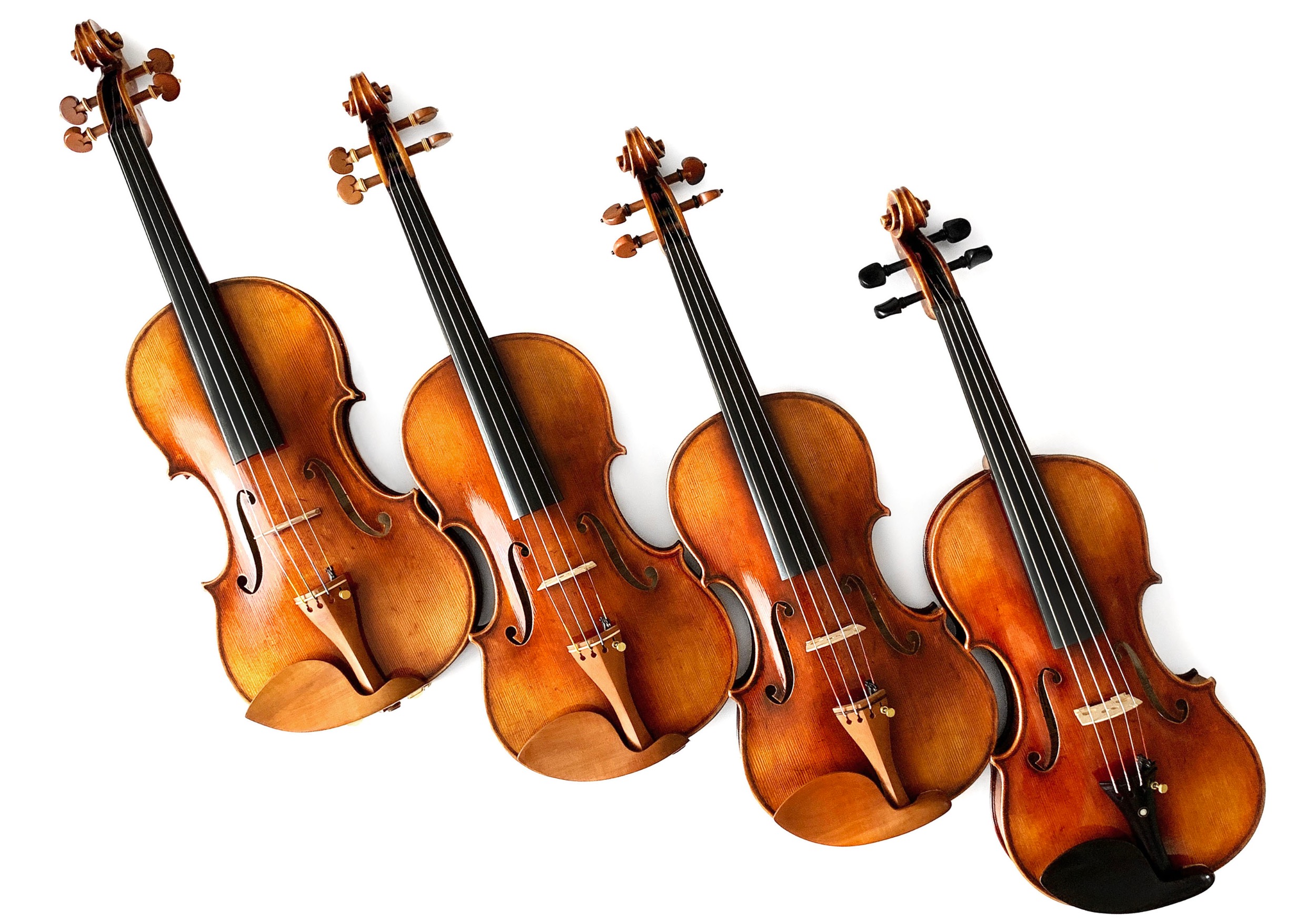 four Zhu violins in a row leaning diagonally