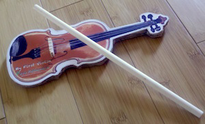 Cardboard violin with a wooden dowel for a bow