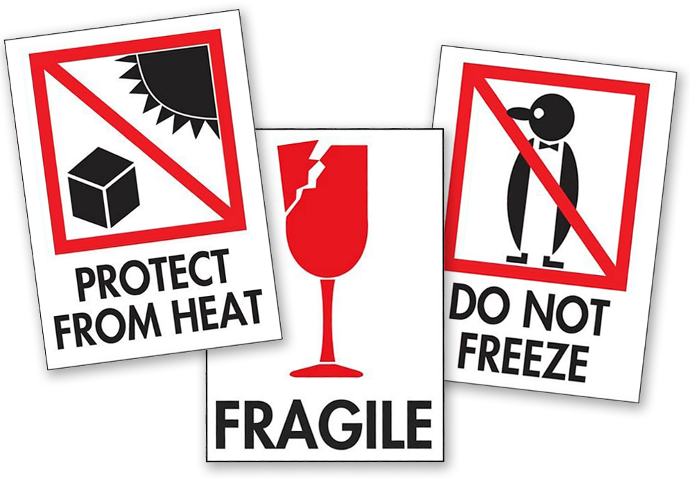 three stickers saying protect from heat, fragile and do not freeze