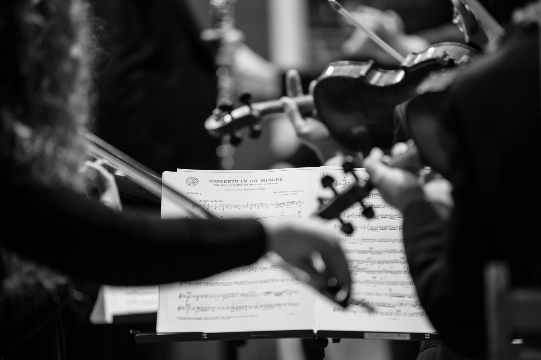 Black and white of rows of violinists playing in an orchestra