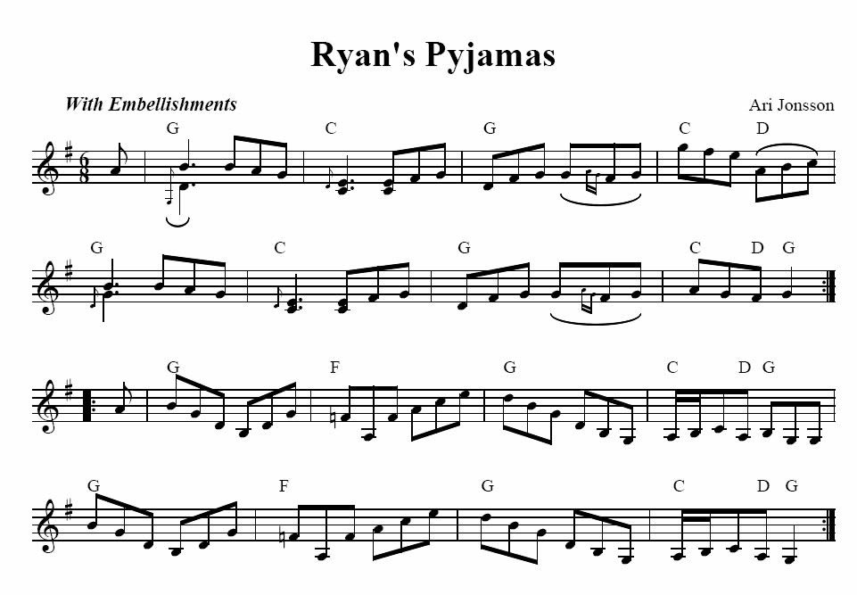 Sheet music for Ryan's Pyjamas, a fiddle jig