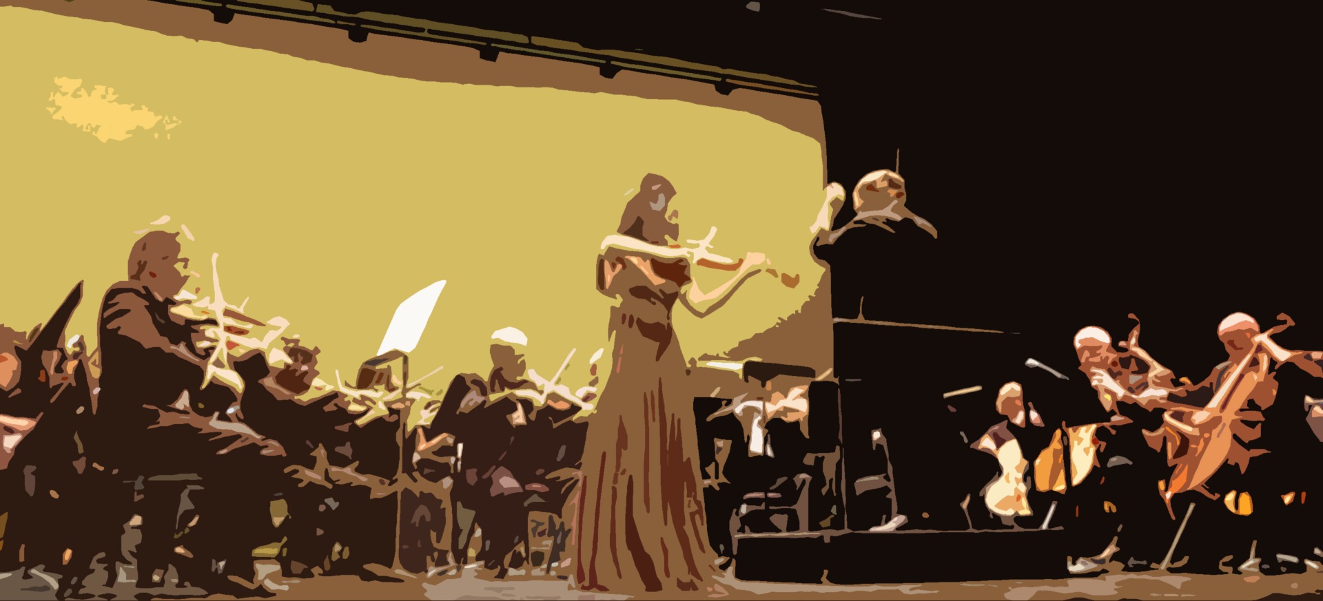 Susanne Hou plays violin against a pear coloured stage background and with an orchestra