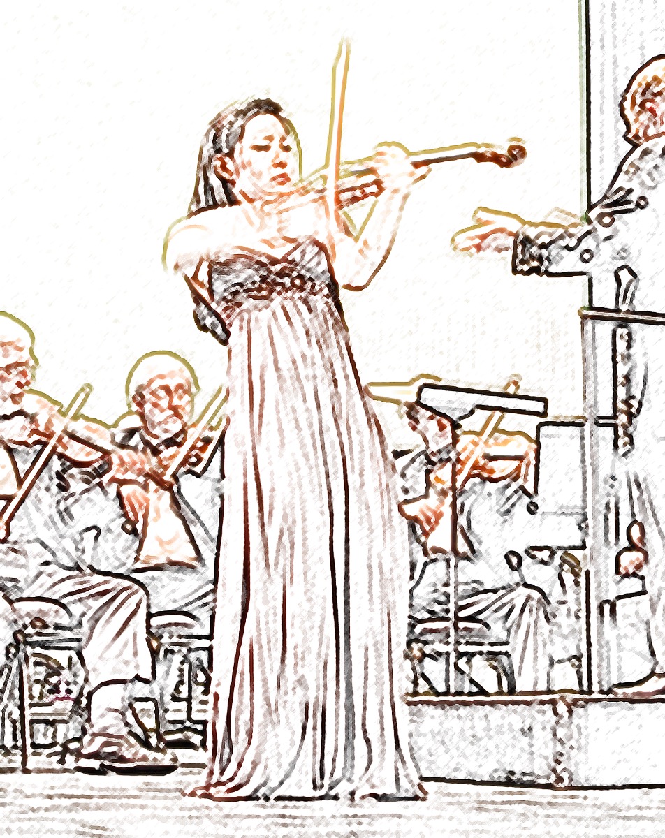 Line drawing of Susanne playing in a high position