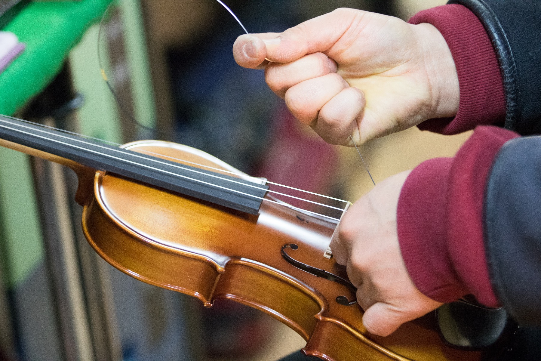 Hands installing strings on a violin