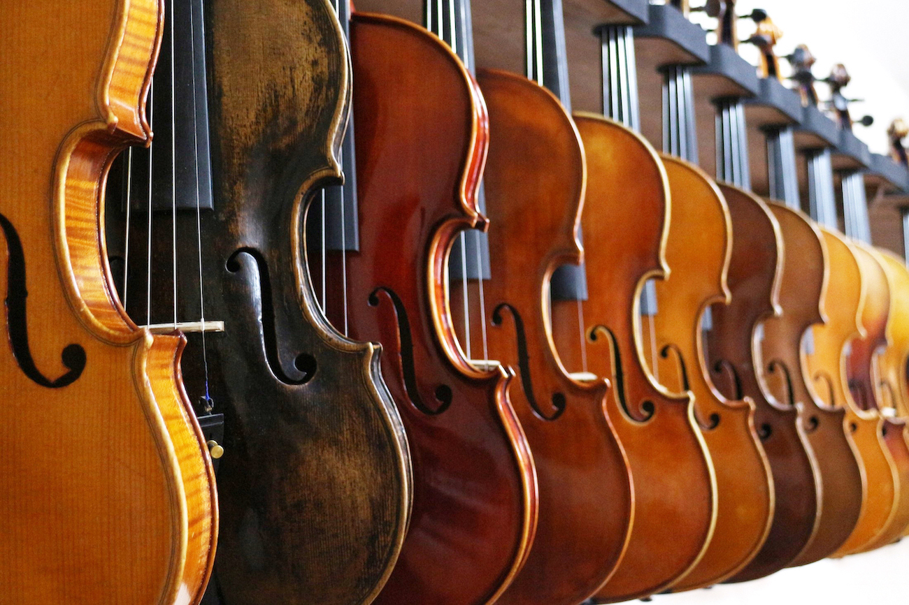 rack of various coloured violins hanging