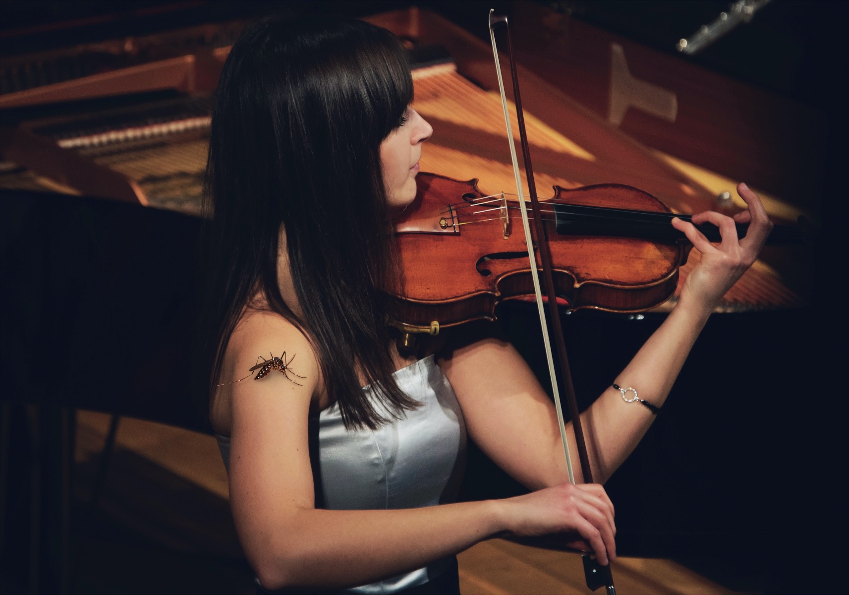 Violinist with a HUGE mosquito on her shoulder performing on stage in front of a piano