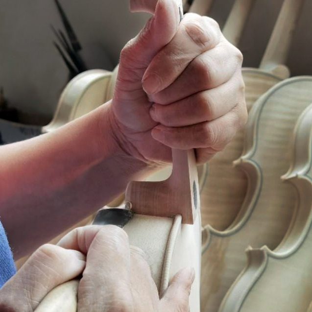 Luthier carving a violin with other in-progress violins in the background